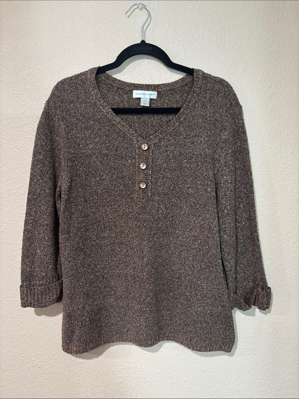 Christopher & Banks Brown Marled Scoop-Neck Henley Sweater